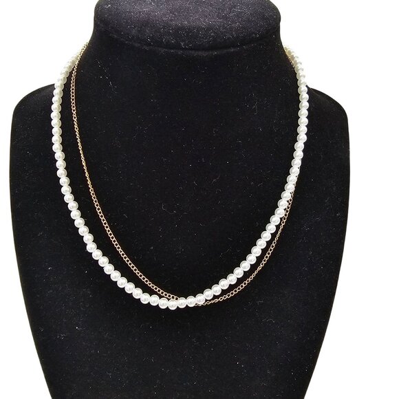 Double-Strand Pearl Chain Collar Necklace & Dainty Gold Chain 15"+3" - Picture 1 of 5